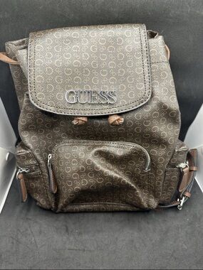 GUESS Brown Monogram Backpack Logo PVC Drawstring Flap Multi Pocket Bag 11”x12”
